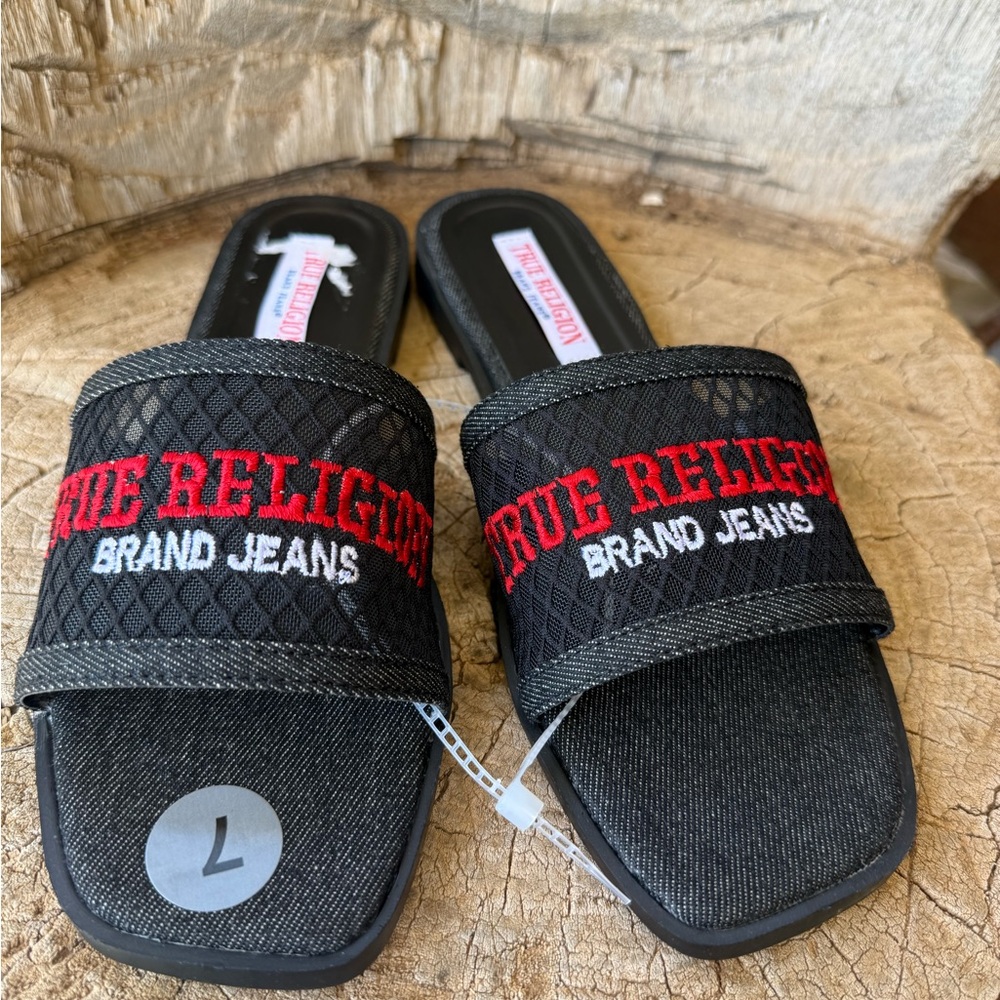 Black TRUE RELIGION mesh Flat Sandals NWOT 7 Black Denim TR BRATS